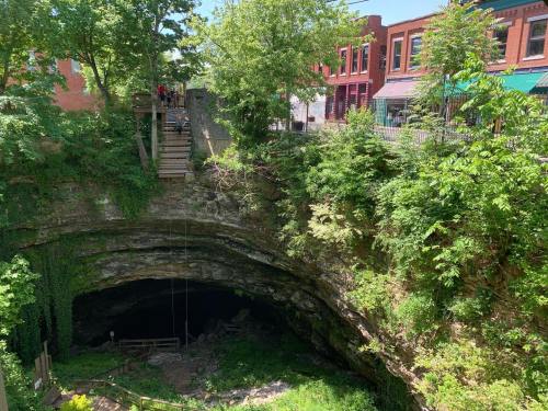 A deep cave surrounded by lush greenery, with a staircase leading up to a street lined with shops and trees.