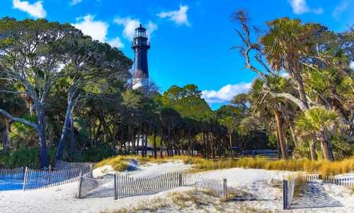 A sandy beach with a lighthouse in the background, surrounded by trees and blue skies.