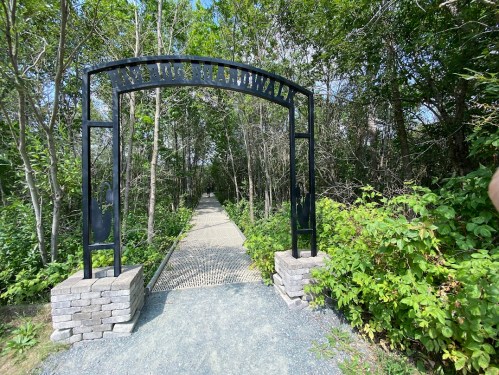 A pathway framed by a decorative arch, surrounded by lush greenery and trees, leading into a serene forested area.