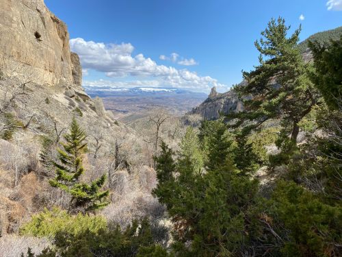 A scenic view of a rocky landscape with trees, mountains, and a blue sky dotted with clouds.