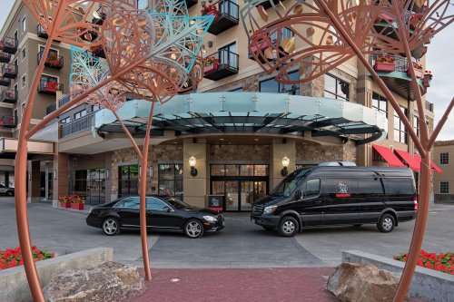 A modern hotel entrance with a black car and a shuttle van, framed by artistic metal trees and colorful flower beds.