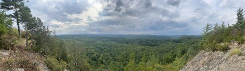Panoramic view of a lush green forest valley under a cloudy sky, with rocky cliffs in the foreground.