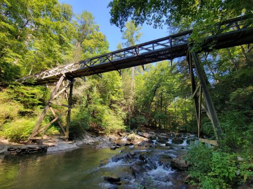 A wooden bridge spans a creek surrounded by lush green trees and rocky banks under a clear blue sky.