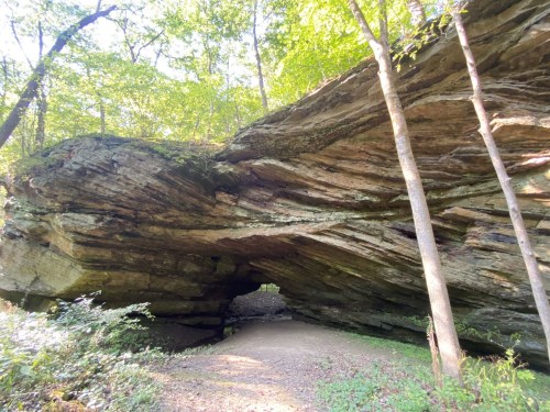 A large, layered rock formation with trees surrounding a dirt path underneath. Sunlight filters through the foliage.