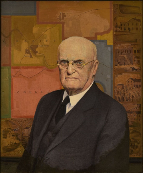 A formal portrait of an elderly man in a suit, set against a colorful map background.
