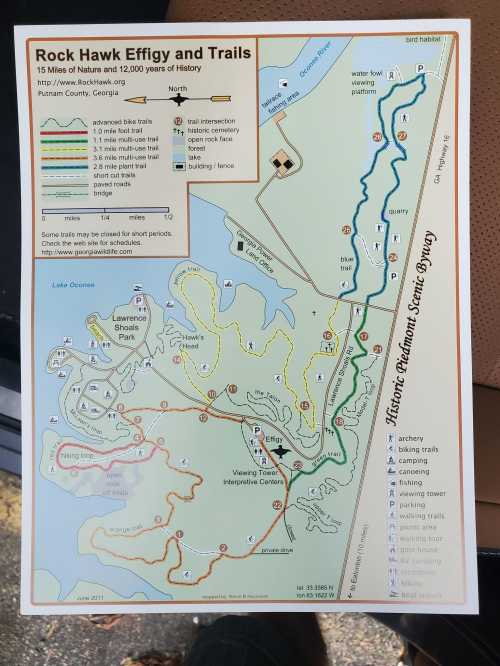 Map of Rock Hawk Effigy and Trails in Putnam County, Georgia, showing trails, landmarks, and historical sites.