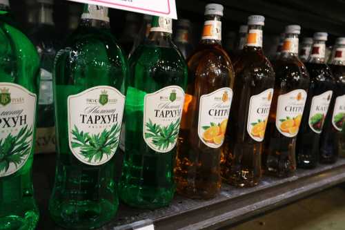 Bottles of colorful soft drinks lined up on a shelf, featuring green, orange, and brown labels.