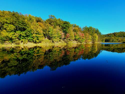 A serene lake reflecting colorful autumn trees under a clear blue sky.