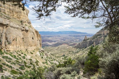 A scenic view of a canyon with rocky cliffs and lush greenery, under a cloudy sky.