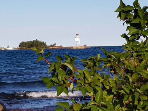 A lighthouse stands on a rocky shore, surrounded by waves and greenery, under a clear blue sky.
