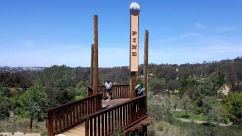 A wooden lookout tower labeled "PINE" surrounded by lush greenery and a clear blue sky.