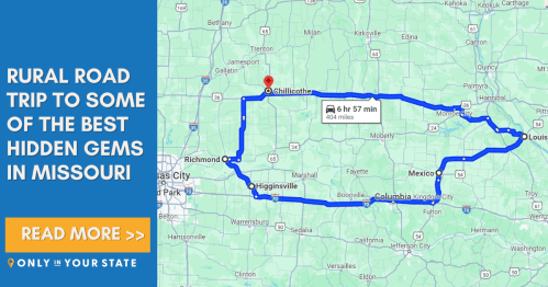 Map of a rural road trip route in Missouri, highlighting hidden gems with a travel time of 6 hours and 57 minutes.