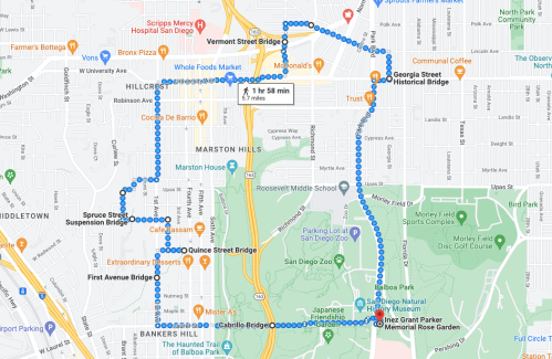 Map showing a walking route through Hillcrest and Marston Hills, with key landmarks and streets highlighted.