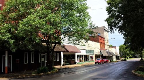 A quiet street lined with trees and historic buildings, featuring shops and a red car parked along the curb.