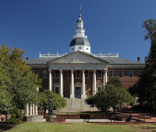Historic building with a dome and columns, surrounded by trees and a clear blue sky.
