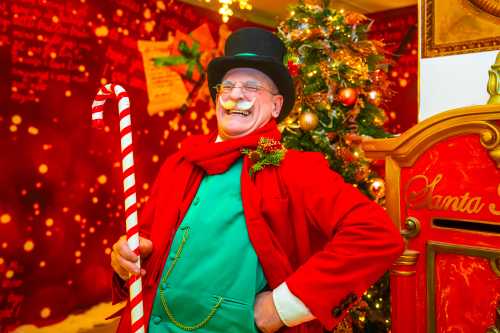 A cheerful man in a red coat and top hat holds a candy cane, standing beside a decorated Christmas tree.