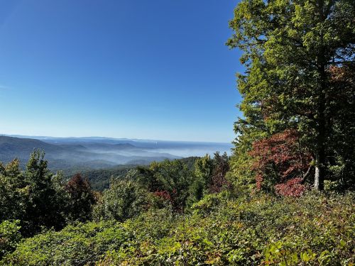 A scenic view of rolling mountains under a clear blue sky, with mist hovering over the valleys and colorful trees in the foreground.