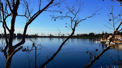 A serene lake view framed by bare trees, with boats docked and a clear blue sky reflecting on the water.