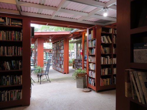 A cozy library interior with bookshelves lining the walls and a seating area, surrounded by natural light.