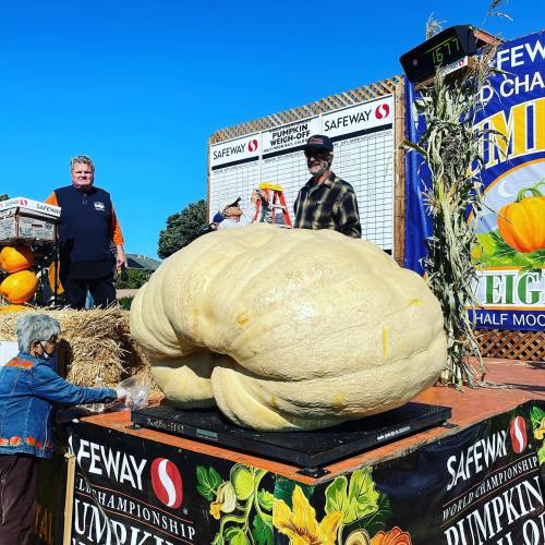A large pumpkin on a scale at a weigh-off event, with spectators and banners in the background.