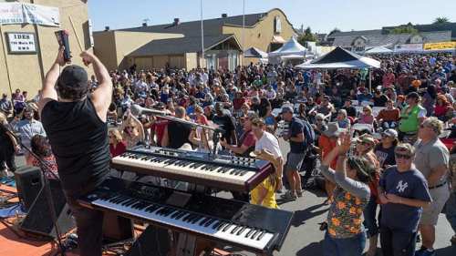 A lively outdoor concert scene with a large crowd enjoying the performance, featuring a musician on stage.