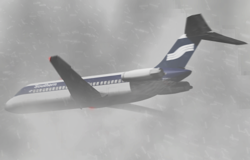 A Southern Airlines plane flying through heavy snow and fog, with limited visibility.