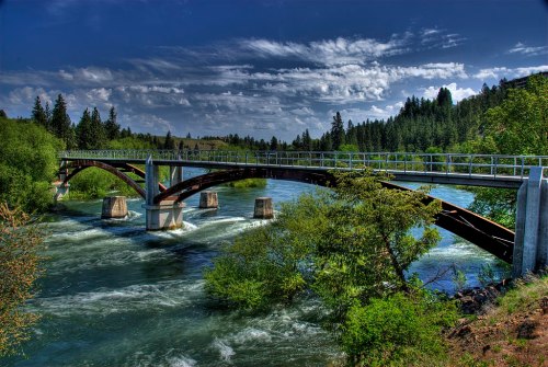A scenic view of a bridge over a flowing river, surrounded by lush greenery and a blue sky with clouds.