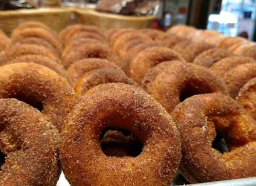 A close-up of freshly baked, cinnamon-sugar coated donuts arranged in a row.