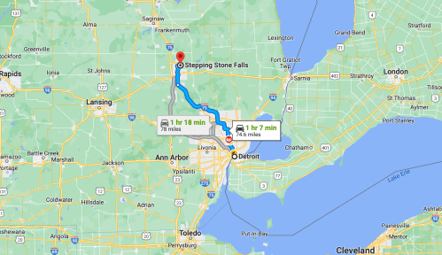 Map showing directions from Detroit to Stepping Stone Falls, with estimated travel times and distances.