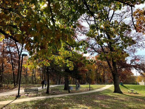 A scenic park path lined with trees in autumn colors, with two people walking and benches nearby.