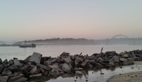 A boat navigates a misty river at dawn, with rocky shorelines and a bridge in the background.