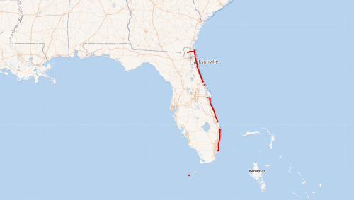 Map showing the southeastern U.S. with a highlighted route from Jacksonville, Florida, extending southward along the coast.