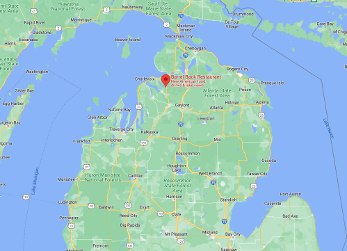 Map showing the location of Barrel Back Restaurant in Michigan, near Charlevoix and Atlanta State Forest Area.