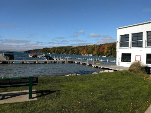 A scenic view of a marina with boats, a grassy area, and colorful trees along the water under a clear blue sky.