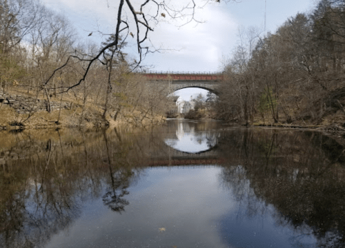 A serene river scene reflecting a bridge and bare trees under a cloudy sky.