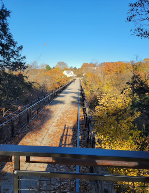 A scenic view of a bridge surrounded by autumn foliage under a clear blue sky.