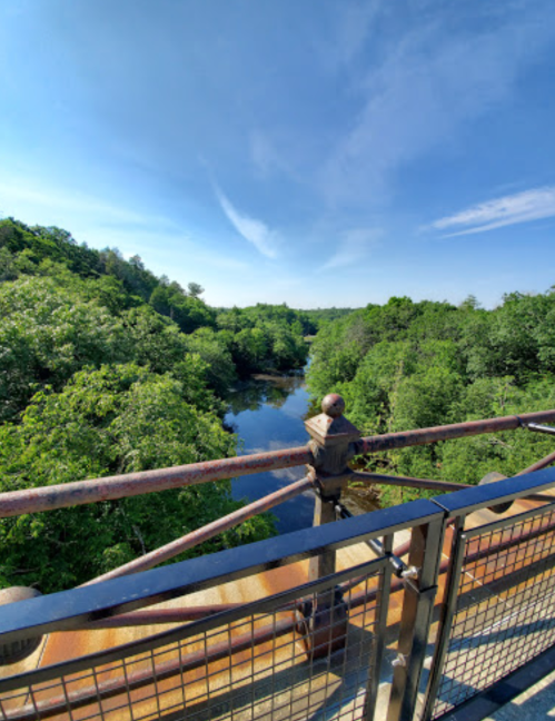 A scenic view from a bridge overlooking a river surrounded by lush green trees under a clear blue sky.