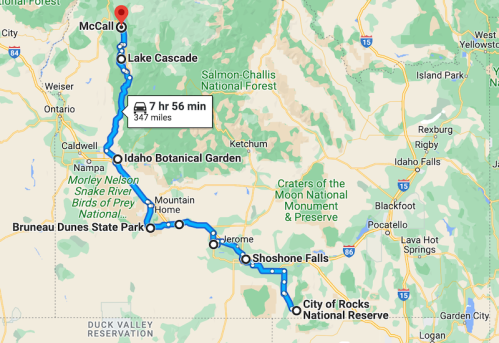 Map showing a route from McCall to City of Rocks, highlighting stops like Lake Cascade and Shoshone Falls, covering 347 miles.