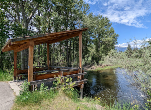 A wooden shelter by a calm river, surrounded by trees and under a blue sky with scattered clouds.
