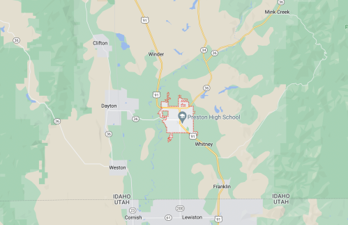 Map showing the town of Preston, Idaho, with roads and nearby landmarks, including Preston High School.