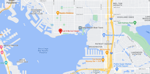 Map showing the location of "Let It Be Ice Cream" near Boca Ciega Bay, with nearby landmarks and roads.
