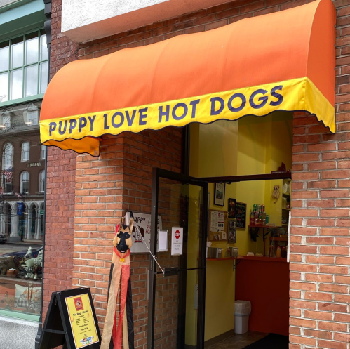 Entrance of "Puppy Love Hot Dogs" with an orange awning and a sign, featuring a playful dog decoration.