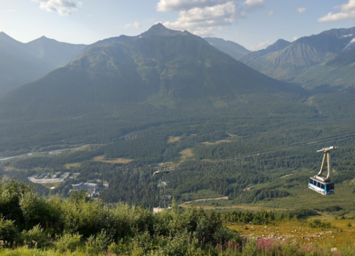 A scenic view of mountains with a cable car traveling over lush green valleys and distant peaks under a clear sky.