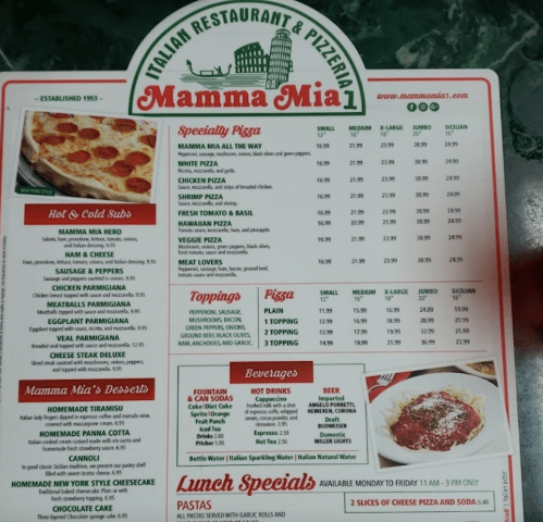 Menu for Mamma Mia! Italian Restaurant featuring pizzas, pastas, desserts, and beverages with prices listed.