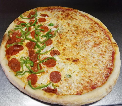 A large pizza divided in half: one side topped with pepperoni and green peppers, the other side plain cheese.
