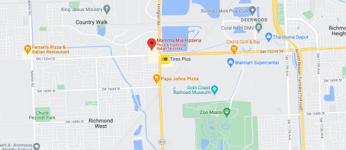 Map showing the locations of Mamma Mia Pizzeria, Papa John's Pizza, and nearby landmarks in Miami, Florida.