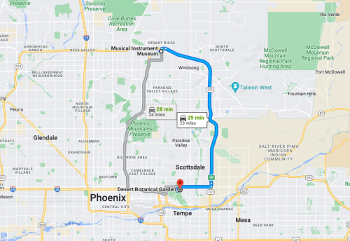 Map showing directions from the Musical Instrument Museum in Phoenix to the Desert Botanical Garden in Scottsdale.