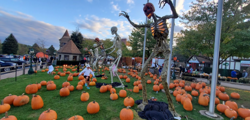 A festive scene with large skeletons among pumpkins in a park, with people enjoying the autumn atmosphere.
