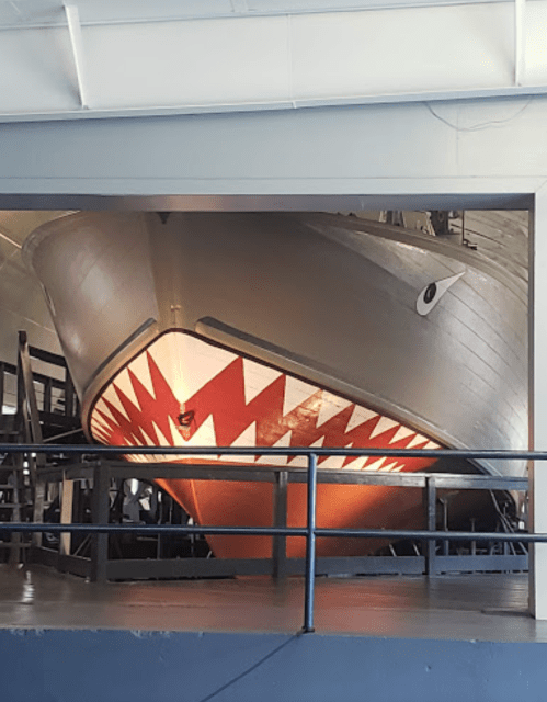 A large boat with a shark mouth design displayed indoors, showcasing sharp red teeth and a menacing eye.