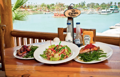 Three colorful plates of seafood dishes on a wooden table, with a scenic waterfront view in the background.